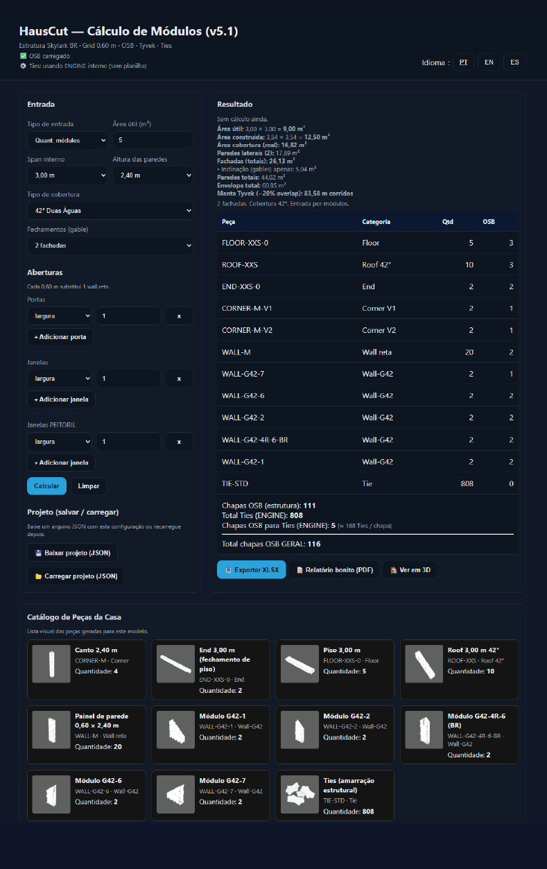 HausCut Engine — tela real do cálculo de módulos, relatórios e catálogo de peças