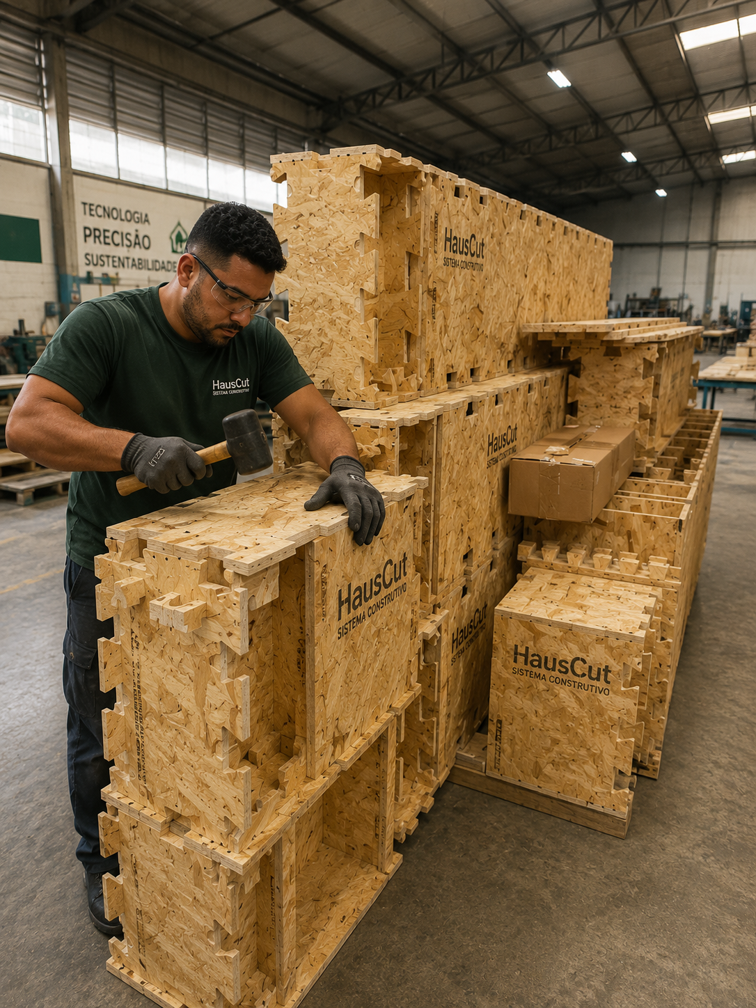 Peças CNC e estrutura modular em madeira durante montagem